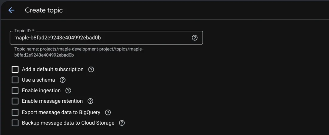 The Create topic form with the Topic ID filled in and Add a default subscription unticked.