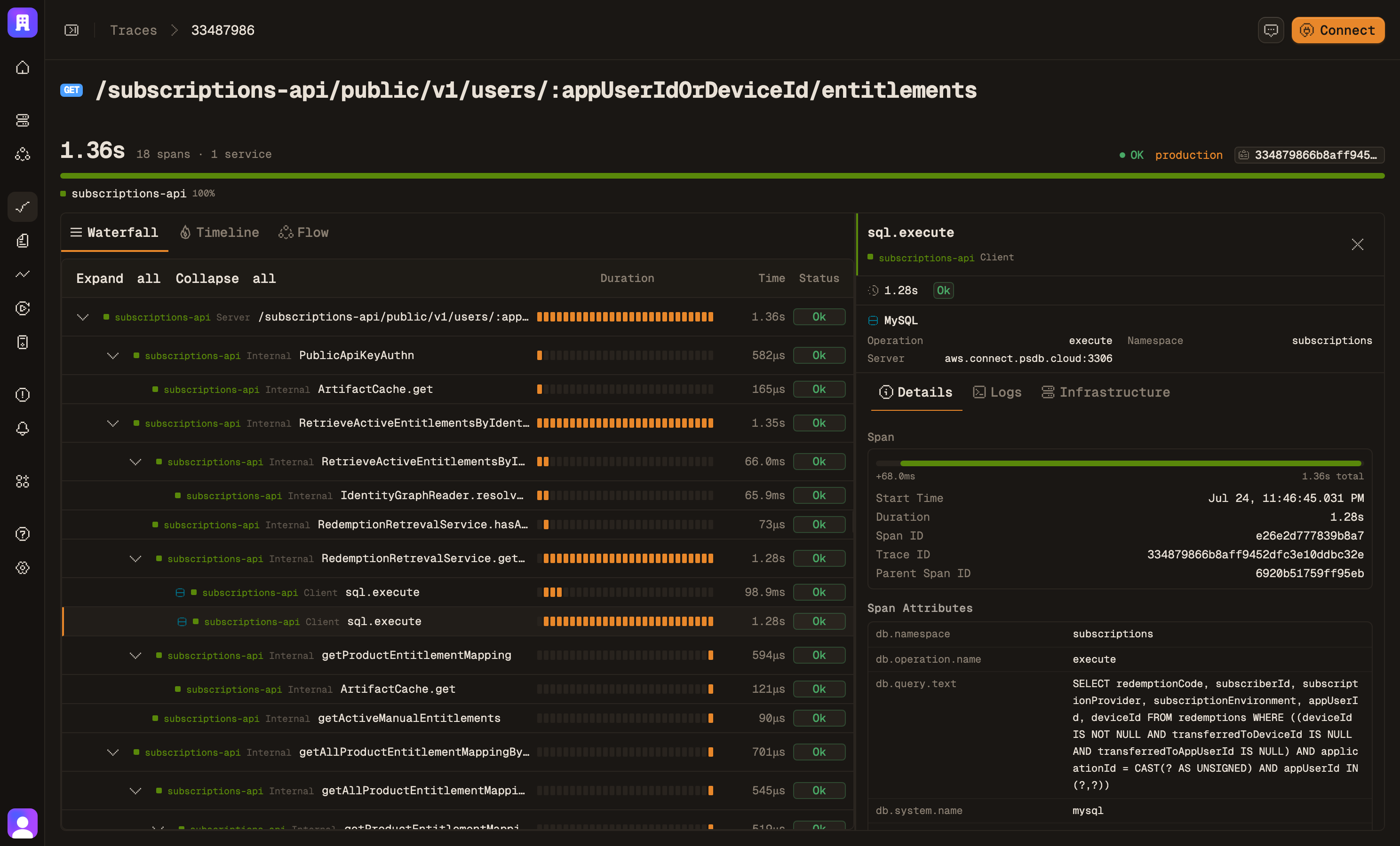 A span selected in the waterfall with its full attribute set open alongside